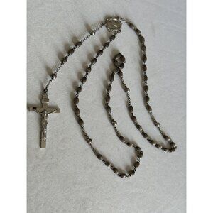 VINTAGE SILVER BALL BEAD ROSARY PRAYER CRUCIFIX NECKLACE 19”